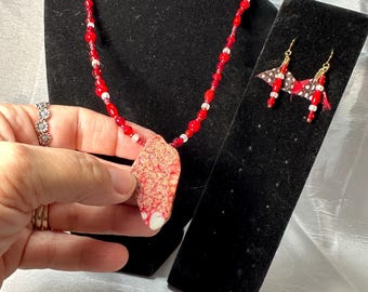 Natural Imperal Jasper Dyed Focal - Red and whites with gold findings and matching earrings.