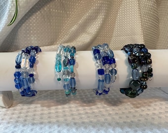 Memory wire wrap bracelets Blue Hues - Fits any size wrist, mixed beads, glass, crystal, crackle, clear, square, round, big ones, leaf, etc.
