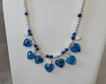 Millefiori Hearts, MOP hearts, cultured pearls, white & blue 18 in necklace with Preciosa Czech crystals in blue AB bicone shape.