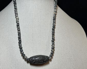 Black Stone Rough Focal on 18 inch Marble necklace