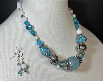 Light Blue (aqua), Silver and White statement beads - chunky 17 1/2 inch to 20 inch necklace with matching earrings,.
