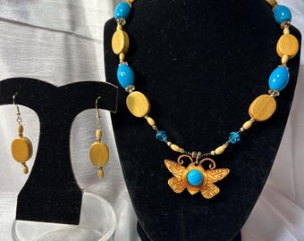 Wood Butterfly Pendant with Center Stone in Turquoise color on 18” necklace with matching earrings