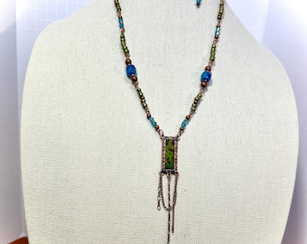 Copper hand made linked necklace with Copper & resin picture pendant and Dolomite Jasper Beads