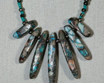 Imperial Jasper Focals on grey and turquoise glass bead 18 1/2 inch necklace with matching earrings