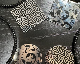 Steel Focals Choker – Black Glass Beads, Geometric/Vine Pendant