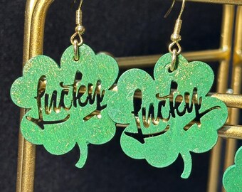 Four leaf clover shamrock earrings, hand painted wood