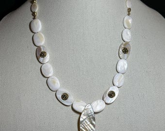 Mother of Pearl Focal 22 to 24 inch necklace with gold lantern bead adornments