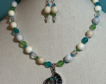 Ammolite Abolone Pendant Necklace with matching earrings (blue, green, clear and white beads)