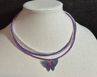 Irredescent Butterfly pendant 4 strand necklaces - two selections 17 inch plus 2 1/2 inch extension chains
