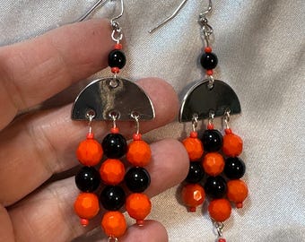 Orange and Black Team Spirit Chandelier Earrings on silver ear wires