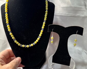 Light Opaque Yellow 6mm Natural Stone and Clear Crystals 19 1/2 inch Necklace and earrings set - silver findings