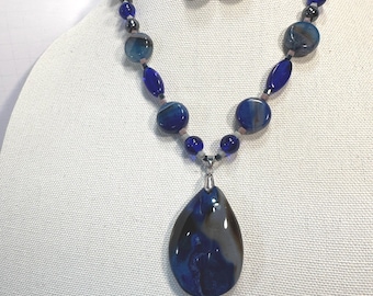 Agate Stone and Cobalt Blue 19 inch necklace with matching earrings