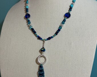 Mixed Beaded Blue & Silver necklace with Estate pendant with fused glass bead and fringe of seed/tube beads
