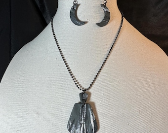 Clay Pendant  on black ball chain and matching moon earrings - black and white stratified colors.