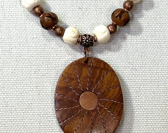 Etched Bone beads with copper and wood pendant necklace