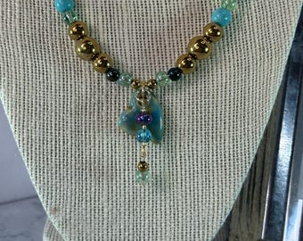 Glass & Hematite with porcelain heart pendant necklace