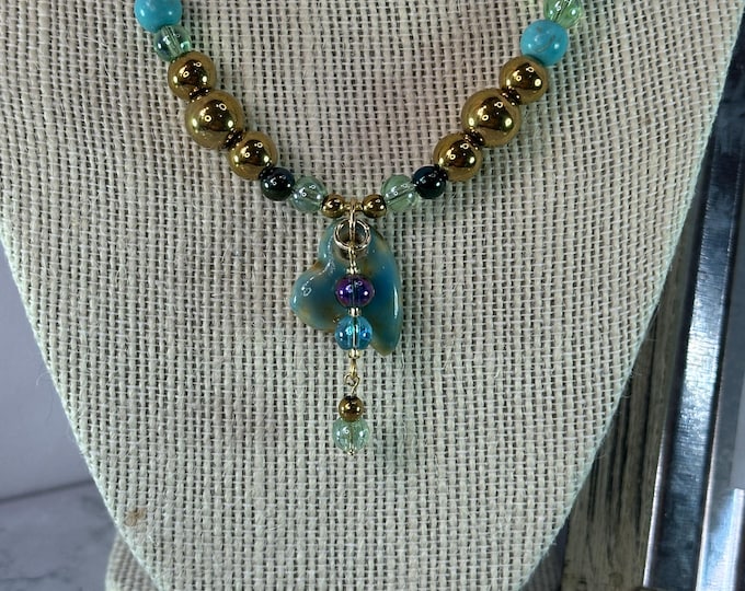 Featured listing image: Glass & Hematite with porcelain heart pendant necklace