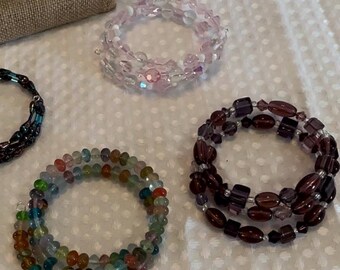 Memory wire wrap bracelets Purple, Pink & multi color-Fits any size wrist, mixed beads, glass, crystal, clear, square, round, big ones, etc.