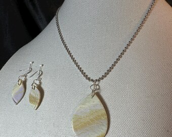 Clay Pendant  on ball chain and matching earrings - Mixed neutrals & light lavender touches.