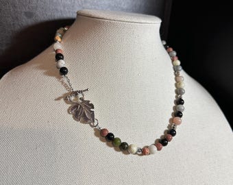 GemStone (multi) 20 inch necklace with large leaf design focal toggle closure and flower beads