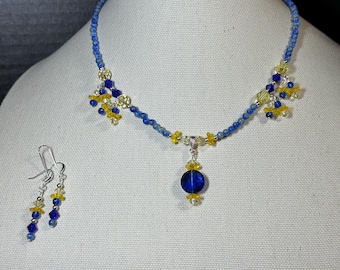 Millifiori and crystals in blue and yellow necklace & earrings set