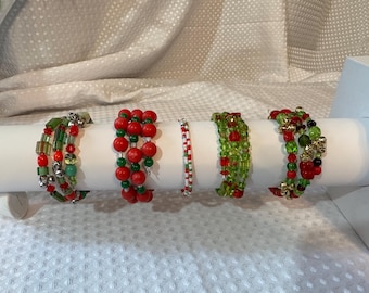 Memory wire wrap bracelets Red & Green Christmas -Fits any size wrist, mixed beads, glass, crystal, clear, square, round, bells, etc.