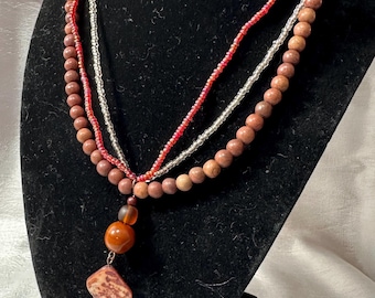 Chrysanthemum Stone Necklace with bead pendant and multi strands - 17 and half inch necklace