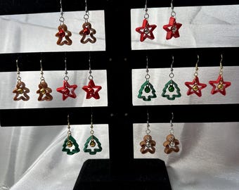 Christmas Cookie Cutter Earrings - Stars, Trees, & Ginger Bread Man cutters - all with bells.