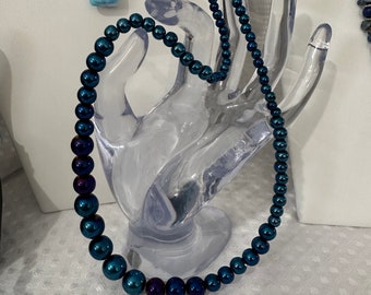 Iris Blue Glass Pearls, round 16 inch graduated necklace - 4mm to 12 mm beads - Classic Pearl Style with gold toggle closure