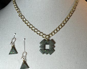 Clay Pendant  Southwest Square design on gold large double link chain and matching earrings - Mixed colors green/gray with sparkles.