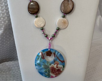 Abalone Shell Pendant on 28 inch MOP Creamy White and MOP Brown large beads adorned with fuschia, green, silver accents & 2 inch extension