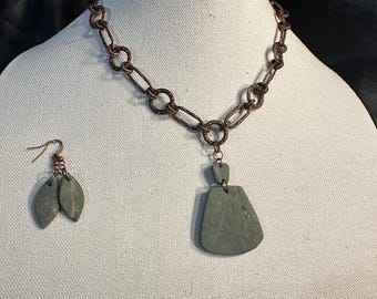 Clay Pendant on Antique Copper Fancy Chain and matching earrings - Green/Gray clay with terra cotta and various colors and sparkles.