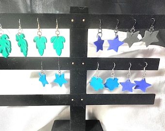 Clay Leaf (green) and Clay Star (blues & black) wire earrings