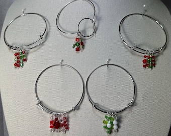 Wire Bracelet with dangling crystals and beads.  Sliding bangle style or fixed round style. Holiday colors.