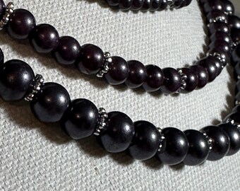 3 strand Retro look Purple Metalic Glass Pearls with matching bracelet and earrings set