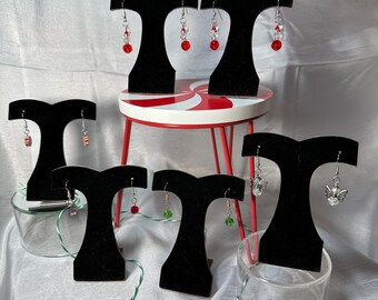 Christmas Earrings - Santa Claus, Tiny Angel, Spearmint Candy, and Red or Green AB faceted drops.