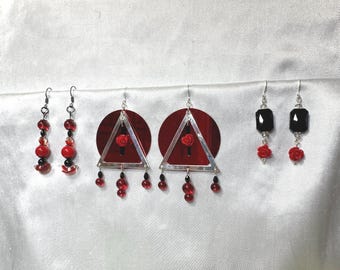 Red & Black Dangle Earrings - team, sport, school colors.