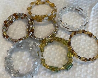 Memory wire wrap bracelets Silver, Gold, White & Browns -Fits any size wrist, mixed beads, glass, crystal, clear, square, round, etc.