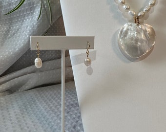 MOP White Heart 40x40mm pendant on 17 inch cultured pearl white rice 9x7mm necklace with gold findings and matching earrings