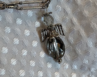 Angel Pendant Necklace - smoked grey and antique silver with faceted crystals and large link cable chain