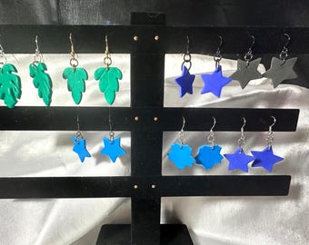 Clay Leaf (green) and Clay Star (blues & black) wire earrings