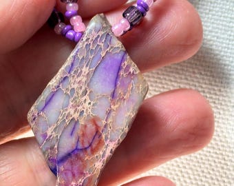 Multi Strand Natural Imperal Jasper Dyed Focal - Pink, purple, metalic pink, and purple shell and gold findings with matching earrings