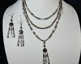 Lemon Smoky Quartz - 3 strand necklace with chandelier pendant and earrings 16 inch