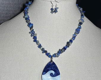 Lapis lazuli natural stone necklace with Teardrop Wave Pendant and matching earrings