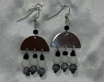 White and Black Team Spirit Chandelier Earrings on silver ear wires