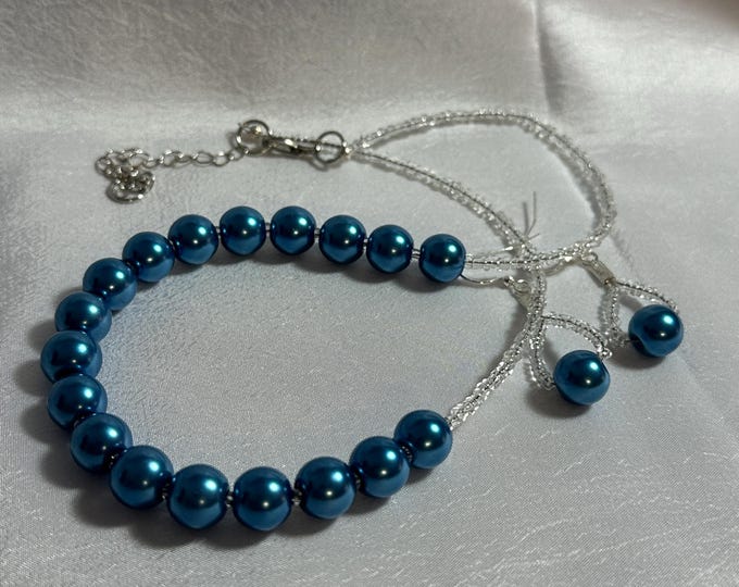 Featured listing image: Cornflower Blue Pearl Necklace and earrings - 19 to 22 inches length