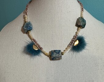 Fossil Coral Stones in blue and tan 18 to 21 inch necklace
