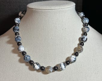 Crackle Agate and glass pearls necklace - 18 inch + 3 inch ext. chain