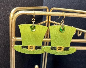 St.Patrick’s Day Hat earrings - hand painted wood