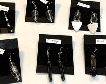 Black, white, clear and cane earrings